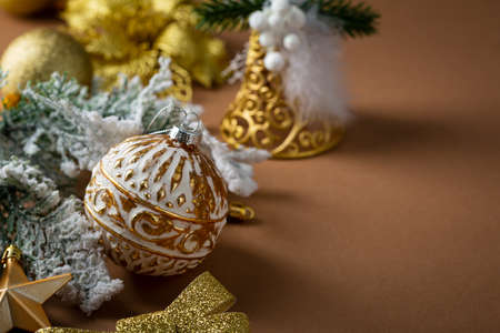 Close up of vintage Christmas baubles and decorationsの写真素材