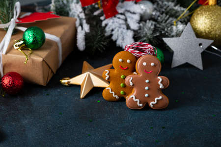Close up of Christmas cookies and decoration, baubles, holiday conceptの写真素材