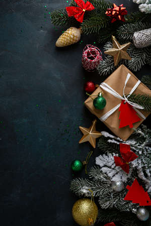 Christmas decoration, gift box, branches top view, holiday conceptの写真素材