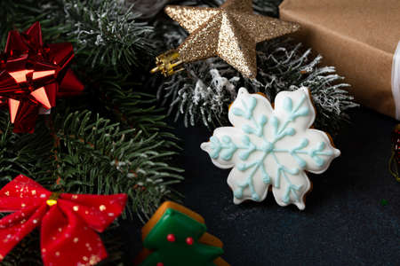 Close up of Christmas snowflake cookies and decoration, baubles, holiday conceptの写真素材