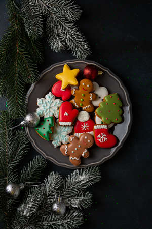 Holiday cookies on plate top viewの写真素材