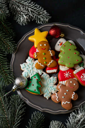 Close up of Holiday cookies on plate, Christmas conceptの写真素材