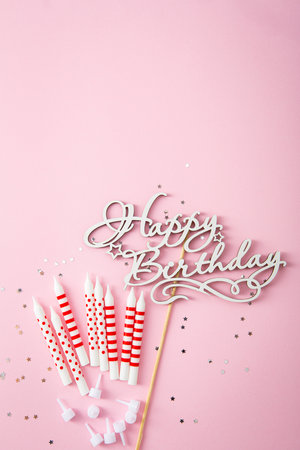 Birthday party  candles and wooden letters, faestive conceptの写真素材