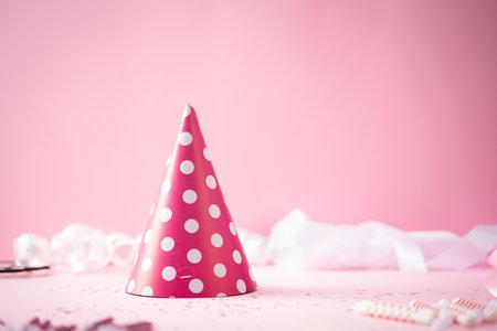 Polka dots pink and white party hat, holiday conceptの写真素材