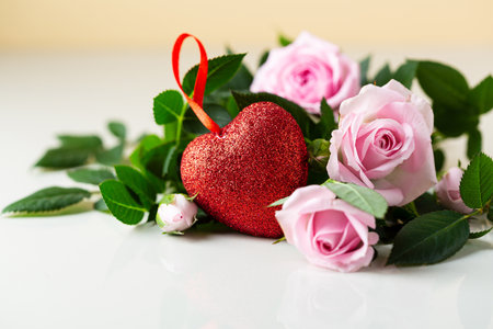 Composition with red hearts and flowers, love conceptの写真素材