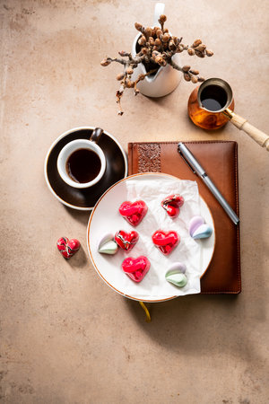 Sweet gift fot Valentine s Day, candy and coffeeの写真素材
