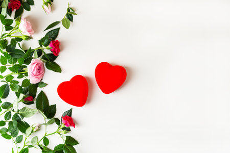 Two hearts and flowers top view flat lay , holiday conceptの写真素材