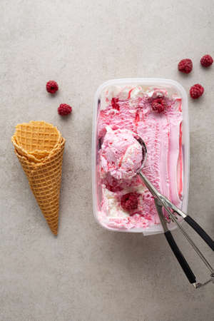 Overhead view of pink ice creamの写真素材