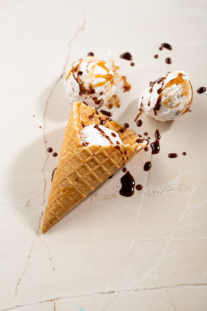 Gelato scoops on stone surface, ice cream foodの写真素材