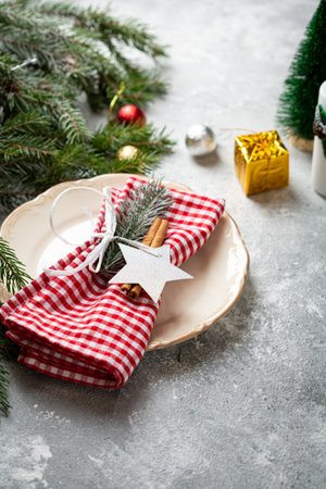 Christmas holidays table setting detailsの写真素材