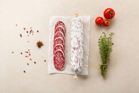 Salami from above and spice meat conceptの写真素材