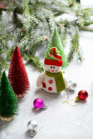 Funny snowman home decor for winter holiday concept and new year treeの写真素材