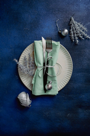 Overhead view of Christmas decor plate set on dark surfaceの写真素材