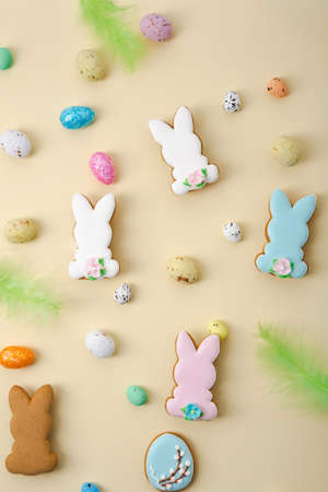 Easter bunny shortcrust cookies top view and small eggsの写真素材