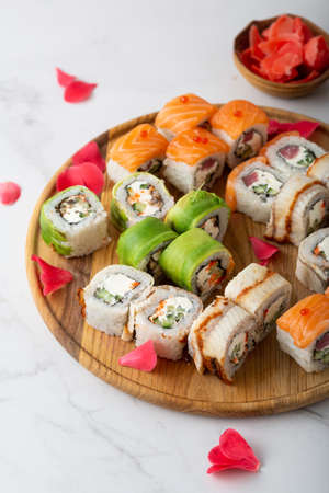 Asian food sushi with tuna fish and avocado top viewの写真素材