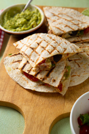 Close up of grilled tortilla with meat top view mexican foodの写真素材