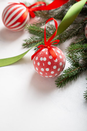 Close up of Christmas polka dots red ball holiday conceptの写真素材
