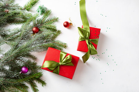 Top view of red Christmas box and holiday decorationsの写真素材
