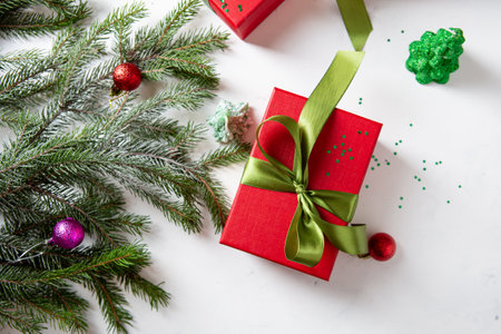 Two red Christmas boxes and holiday decorations copy spaceの写真素材