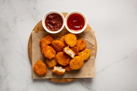Top view of nuggets and bbq dips marble surface fast foodの写真素材