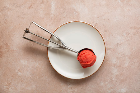 Top view fruit ice cream scoop spoon gelato summer foodの写真素材