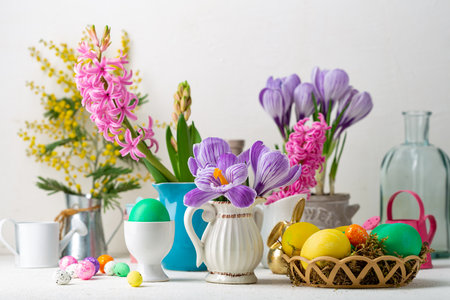 Spring flowers in pot and pitcher Easter backgroundの写真素材