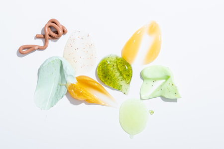 Set of multicolored creamy smears scrub cream gel with particles. Concept of body care proceduresの写真素材