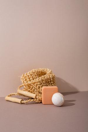 Body care concept zero waste soap and washclothの写真素材