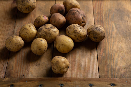 Close up of raw potatoes root on wooden board foodの写真素材