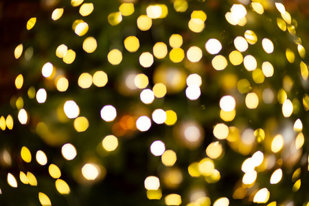 Christmas  tree and festive bokeh lighting, blurred holiday background yellow and greenの写真素材