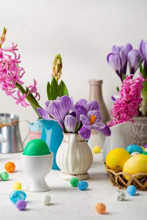 Spring Easter composition with flowers and eggsの写真素材
