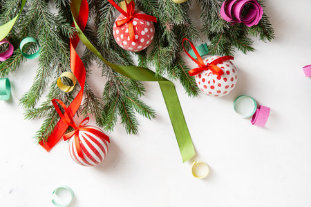White Christmas background with green branches holiday decorの写真素材