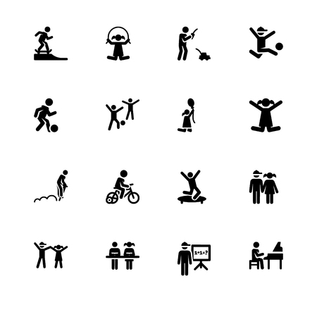 Childhood, kids play and study, children. Set outline icon EPS 10 vector format. Professional pixel perfect black & white icons optimized for both large and small resolutions. Transparent background.のイラスト素材