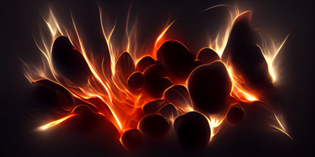 Burning coal in the fire black background illustration.