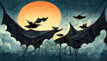 Painting with clouds and abstract bats in the form of a cloak on sunset.の写真素材