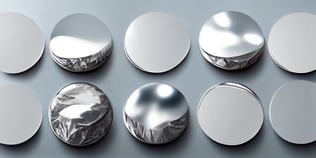 Silver foil or plastic sticker label with wrinkled effect on silver background.の写真素材