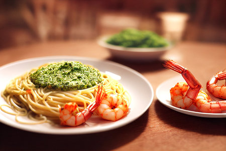 Spaghetti with shrimps on the table. View from the side.の写真素材