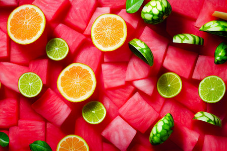 Beautiful pattern with fresh watermelon slices and orange, lime. Top view.