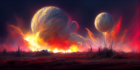 Alien planet landscape with exploding satellite.