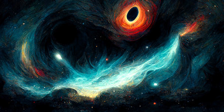 Black hole. Huge stars in a deep space. Dark cold nebula. Dark night sky.