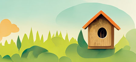 House for birds on the background of an abstract landscape of nature.の写真素材