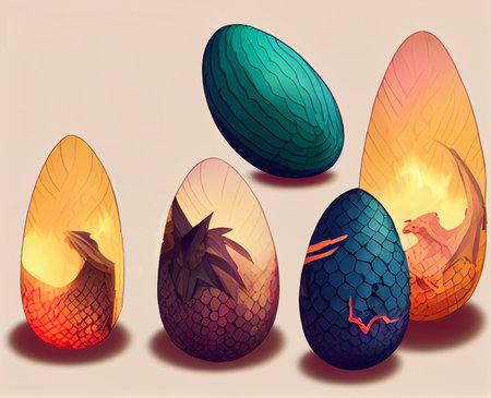 Colorful dragon eggs cartoon magical or mythological creature.の写真素材