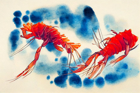Watercolor illustration of red prawns in blue water.Japanese painting sumi-e.の写真素材