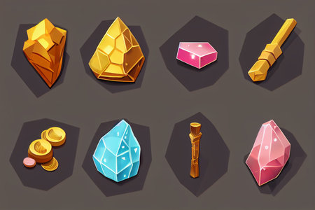 Colorful elements for the decor game, gold nuggets coins crystals. high quality illustrationの写真素材