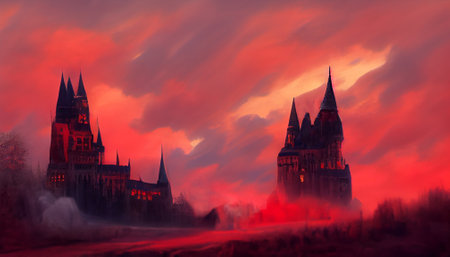 A majestic castle on a hill against the background of a red sky with clouds, a castle with demons or Dracula.の写真素材