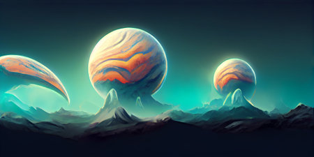 Night alien fantasy landscape, planets in dark starry sky. . high quality illustration
