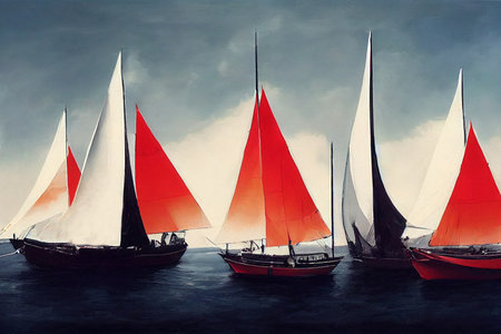 Old wooden ships. Cartoon ancient sailboats with black, white and red sails. high quality...
