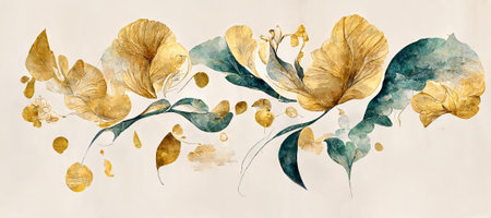 A yellow sheet of paper shows flowers with golden leaves. . high quality illustrationの写真素材