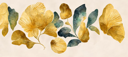 Refined golden flowers on paper are made by hand with watercolor and paint. high quality illustrationの写真素材