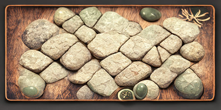 Many stones on a wooden board, wonderful rays of light fall on them. high quality illustration
